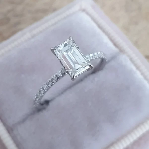 Lane Woods 925 Silver Emerald Cut Moissanite Hidden Halo Accent Ring