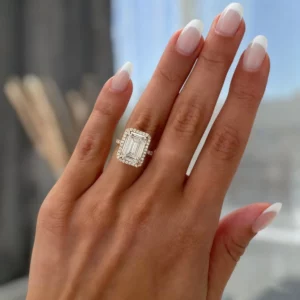 Emerald Pave Moissanite Halo Ring, 1 Carat