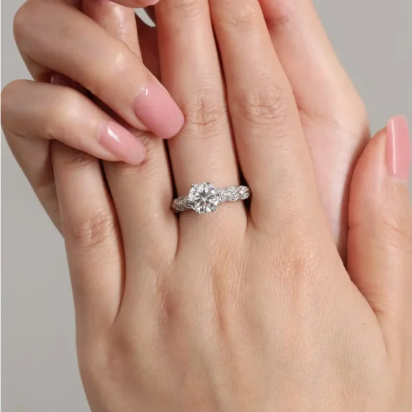 Lane Woods 925 Silver Fairy Feather Full Brick Round Moissanite Ring