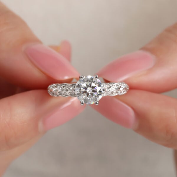 Lane Woods 925 Silver Fairy Feather Full Brick Round Moissanite Ring