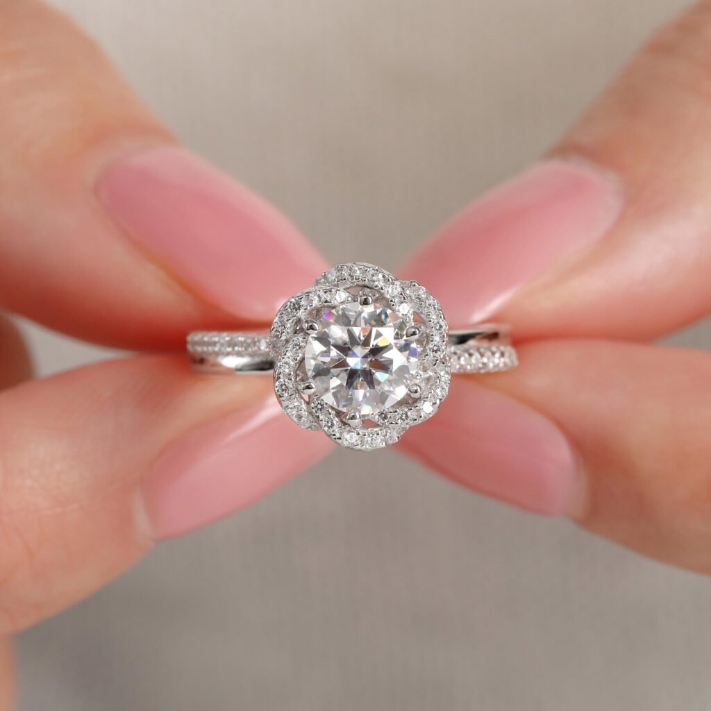 Holding Flowers Round Moissanite Ring