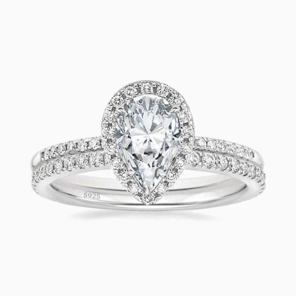 Lane Woods 925 Silver Teardrop Bridal Set Halo Promise Engagement Wedding Moissanite Ring Set