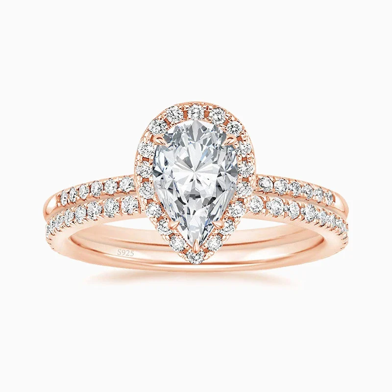 Lane Woods 925 Silver Teardrop Bridal Set Halo Promise Engagement Wedding Moissanite Ring Set
