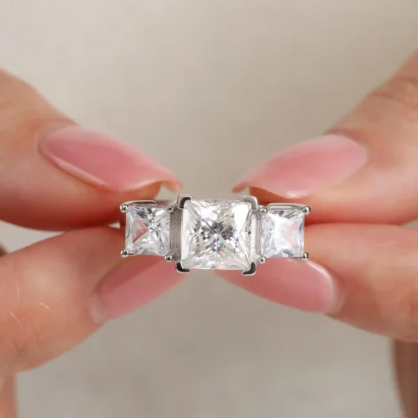 Lane Woods 925 Silver Three Stone Princess Moissanite Engagement Ring