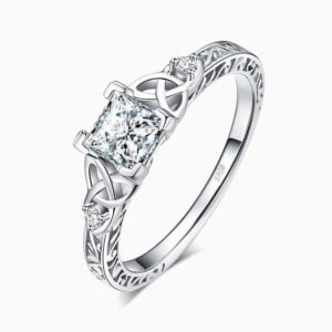 Lane Woods 925 Silver Vintage Celtic Knot Princess Cut Solitaire Promise Engagement Wedding Moissanite Ring