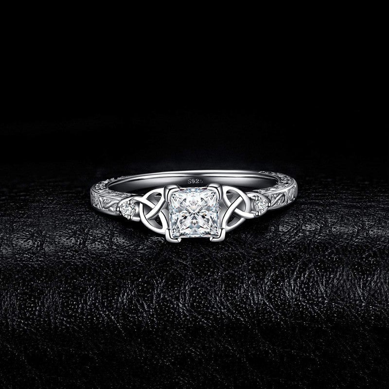 Lane Woods 925 Silver Vintage Celtic Knot Princess Cut Solitaire Promise Engagement Wedding Moissanite Ring