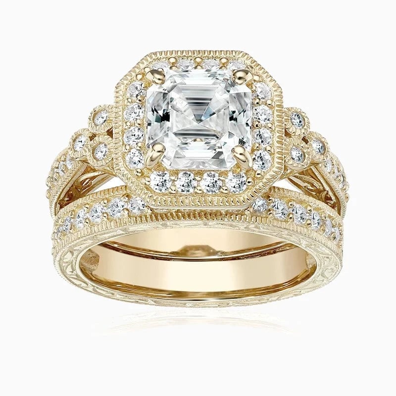 Lane Woods 925 Silver Vintage-inspired Asscher-cut Promise Engagement Wedding Moissanite Ring Set