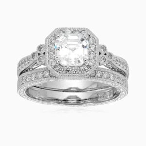 Lane Woods 925 Silver Vintage-inspired Asscher-cut Promise Engagement Wedding Moissanite Ring Set