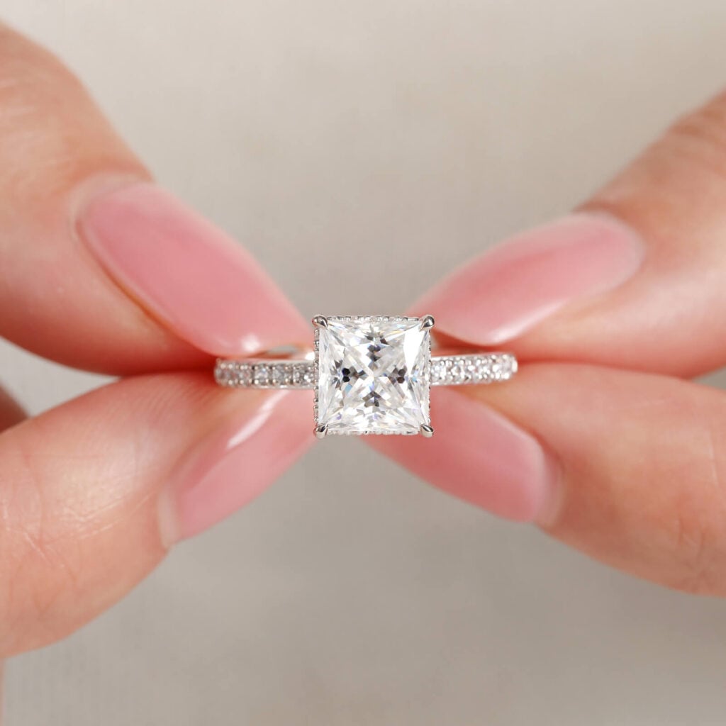 Classic Princess Cut Moissanite Hidden Halo Ring, 2 Carat