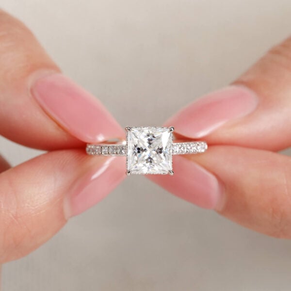 Classic Princess Cut Moissanite Hidden Halo Ring, 2 Carat