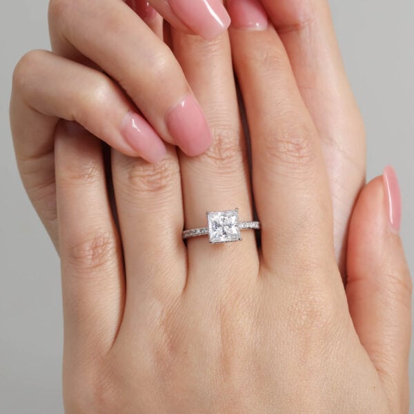 Classic Princess Cut Moissanite Hidden Halo Ring, 2 Carat