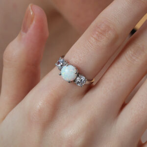 Three Stone Promise Engagment Wedding Round Opal Ring