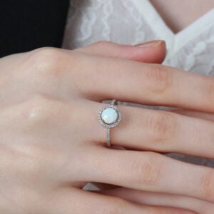 Promise Engagement Wedding Halo Opal Rings Round Solitaire With Micro Pave Side Stones 1 Carat