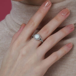 Promise Engagment Wedding Opal Ring Halo Round Solitaire Micro Pave With Side Stones 1.5 Carat