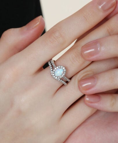 Opal Bridal Set Oval Solitaire Ring Micropavé With Side Stones 1 Carat